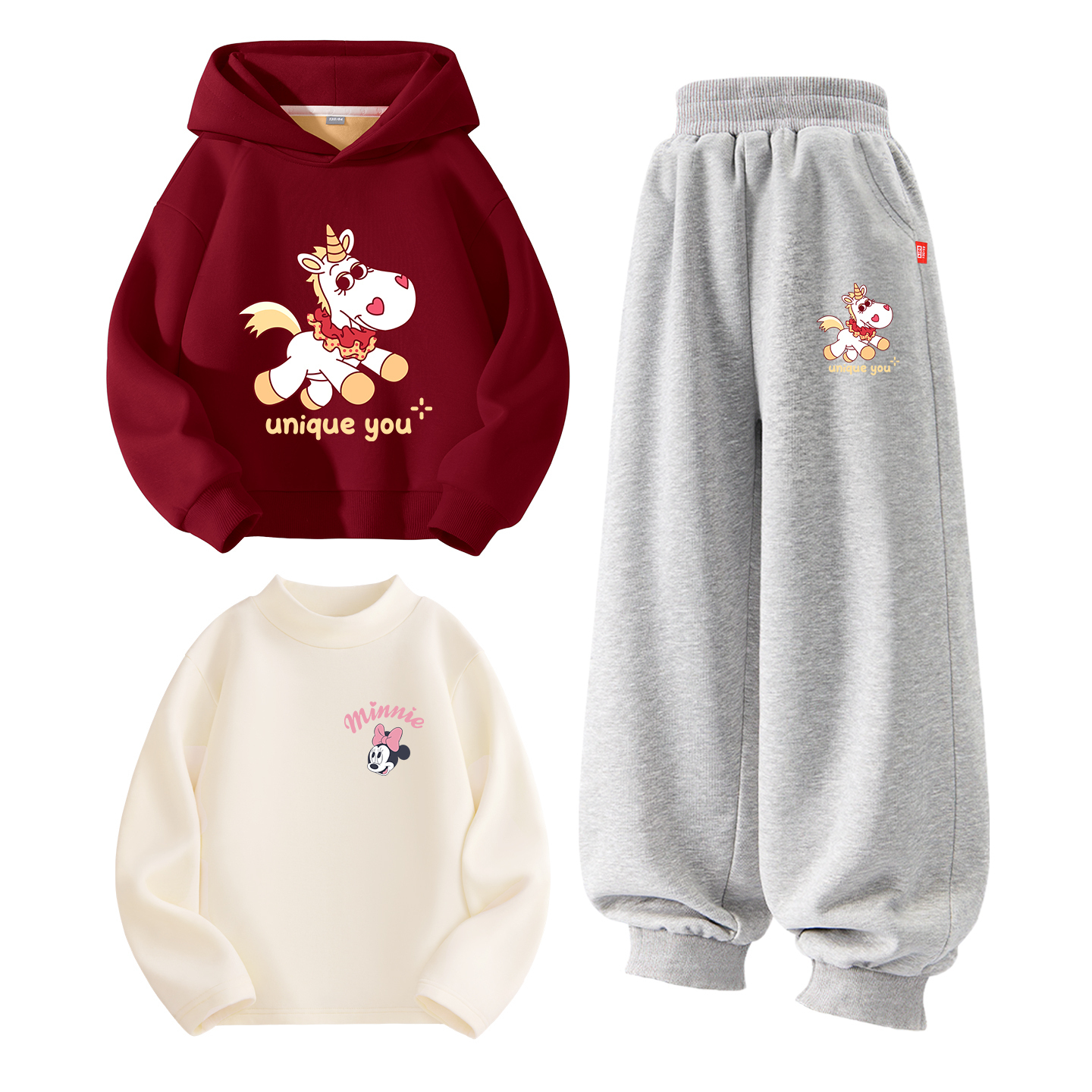 Детская повседневная спортивная толстовка с капюшоном утепленная Disney, [thickened and fleece-lined three-piece set]di lucky k бордовый+di xini k серый+di li k milk белый — фото 4
