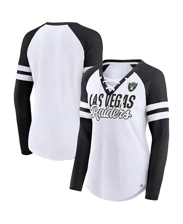 

Женская белая футболка Las Vegas Raiders размера плюс с v-образным вырезом и длинными рукавами реглан на шнуровке Fanatics