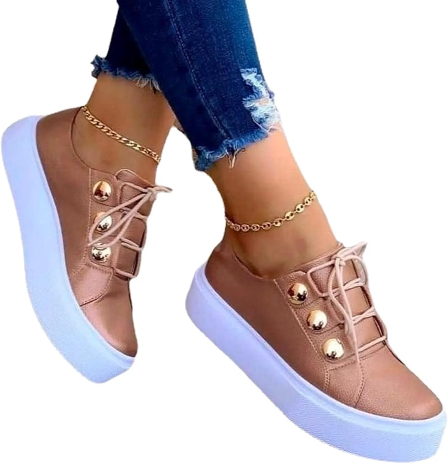 Женские кроссовки Gikleihwy на платформе, круглый носок, заклепки, золотистые — фото 2