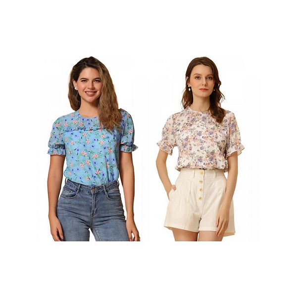 

2 упаковки женской блузки с коротким рукавом и рюшами из шифона в цветочный принт Inspire Chic, Pink Purple Sky Blue