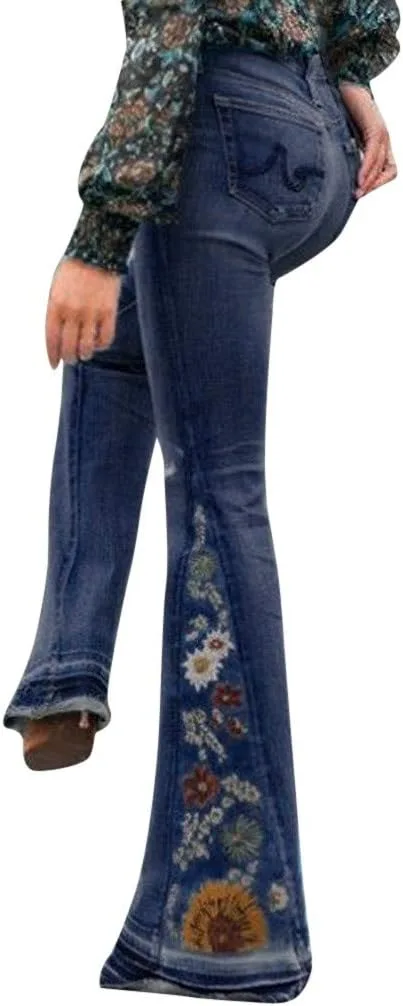 

Женские расклешенные джинсы с цветочной вышивкой Cdiecer
