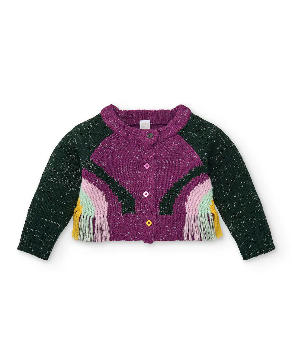 

Вязаная кофта для девочки с фиолетовой бахромой и контрастными рукавами Tuc tuc