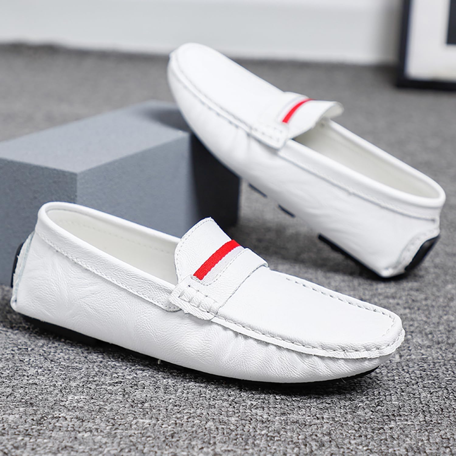 Мужские мокасины Dacnakby Penny Loafers, лоферы, слипоны с красно-белой полоской, повседневная обувь на плоской подошве, лодочные туфли — фото 2
