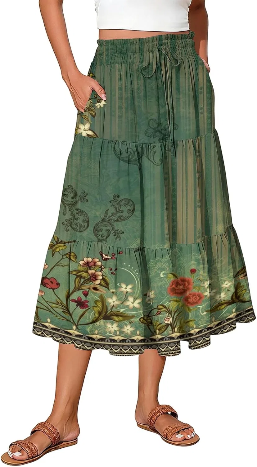 Юбка миди A-силуэта, женская, с рюшами, на резинке, с карманами, 1-dark Green — фото 2