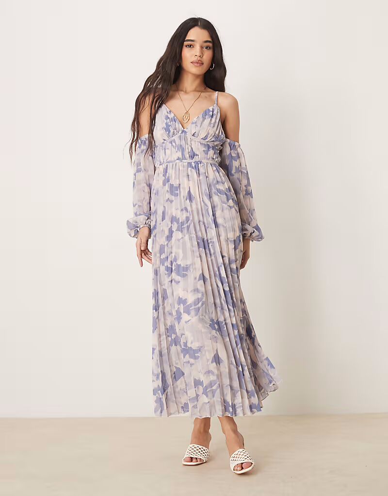

Платье мидакси ASOS DESIGN с глубоким вырезом и плиссировкой, цветочным принтом