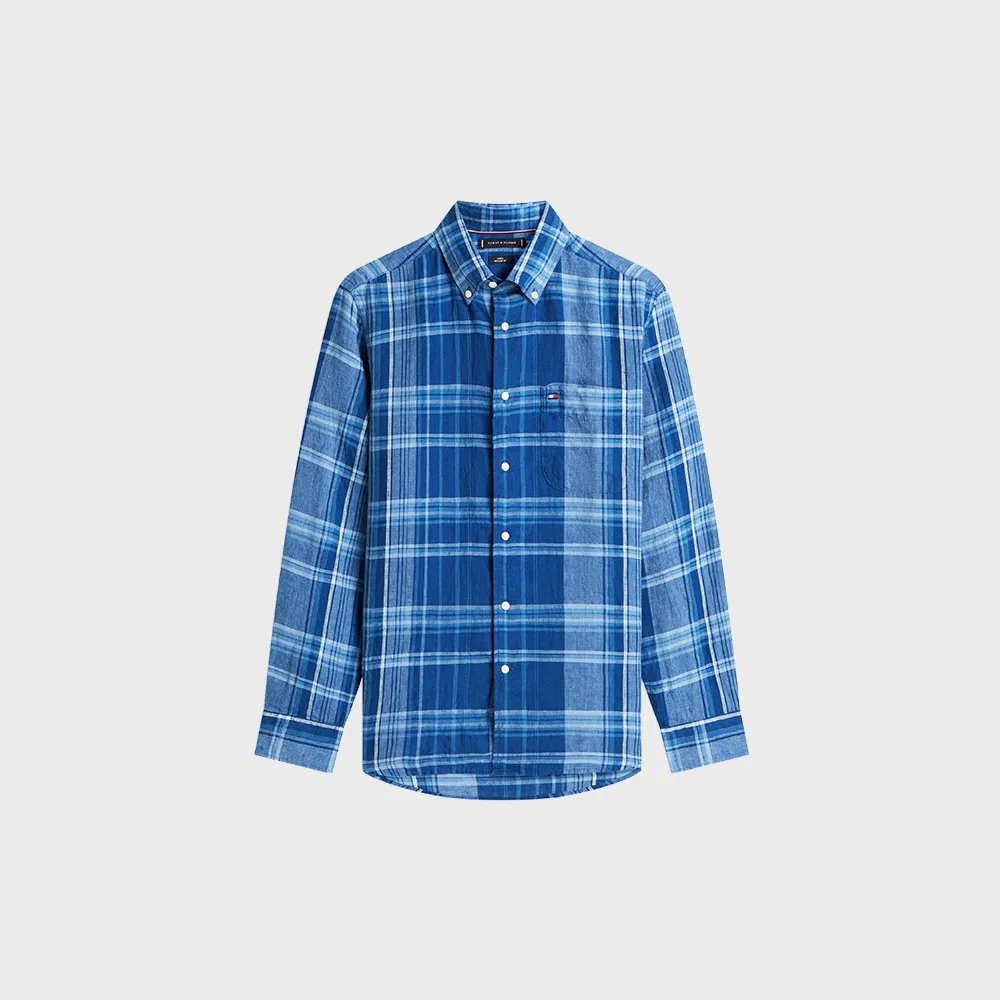 Мужская льняная летняя рубашка мадрас в клетку синяя от Tommy Hilfiger