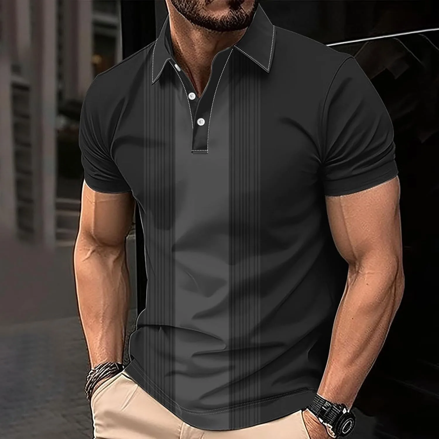 Футболка мужская с коротким рукавом Casual Vintage Striped Regular Fit Lapel Collar — фото 2