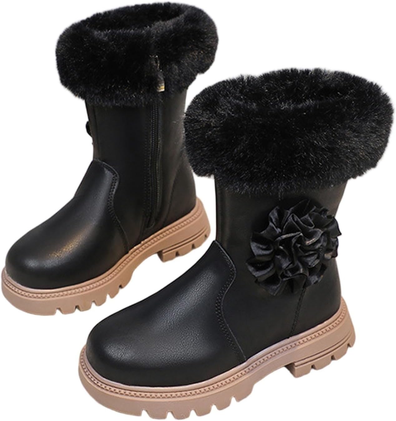 

Детские теплые зимние сапоги до середины икры с мягкой подкладкой из искусственного меха, ботильоны на молнии сбоку, короткие сапоги из искусственной кожи Generic, черный