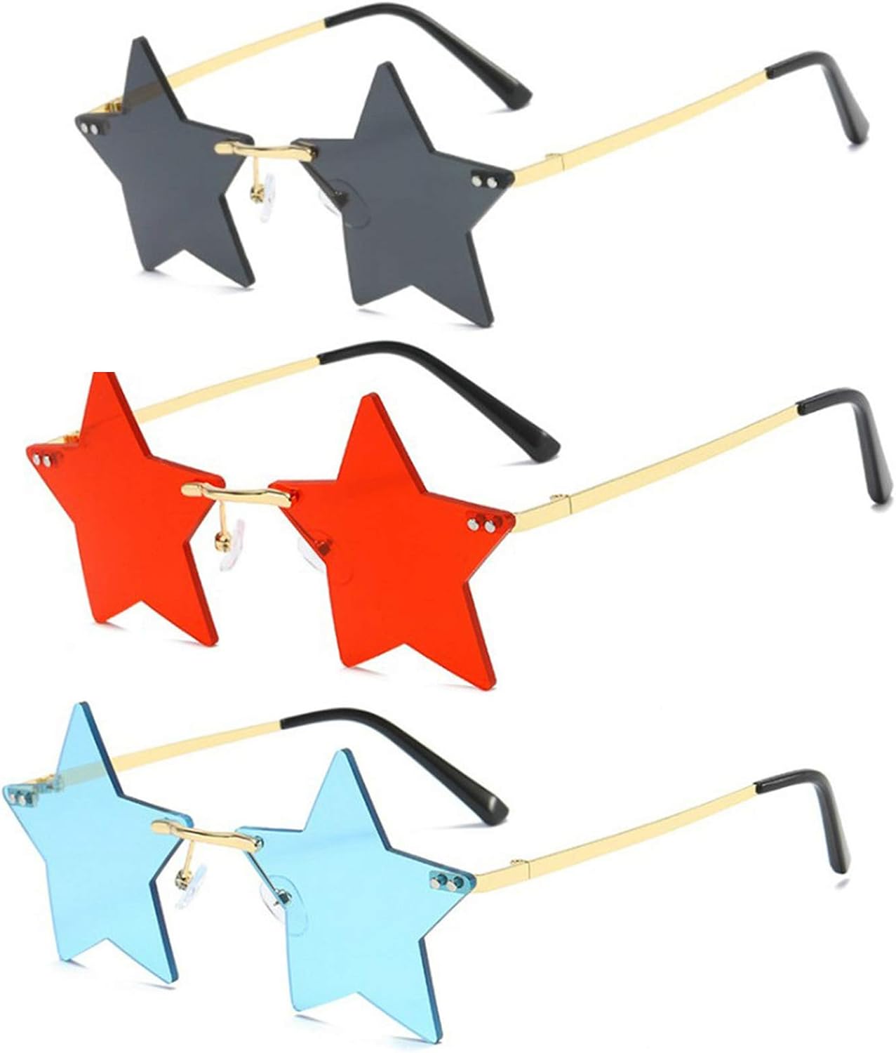 

Солнцезащитные очки Willochra без оправы в форме звезды, прозрачные солнцезащитные очки для женщин/мужчин, очки для вечеринок, очень милые очки с пентаграммой, 3pack Black& Red &Blue