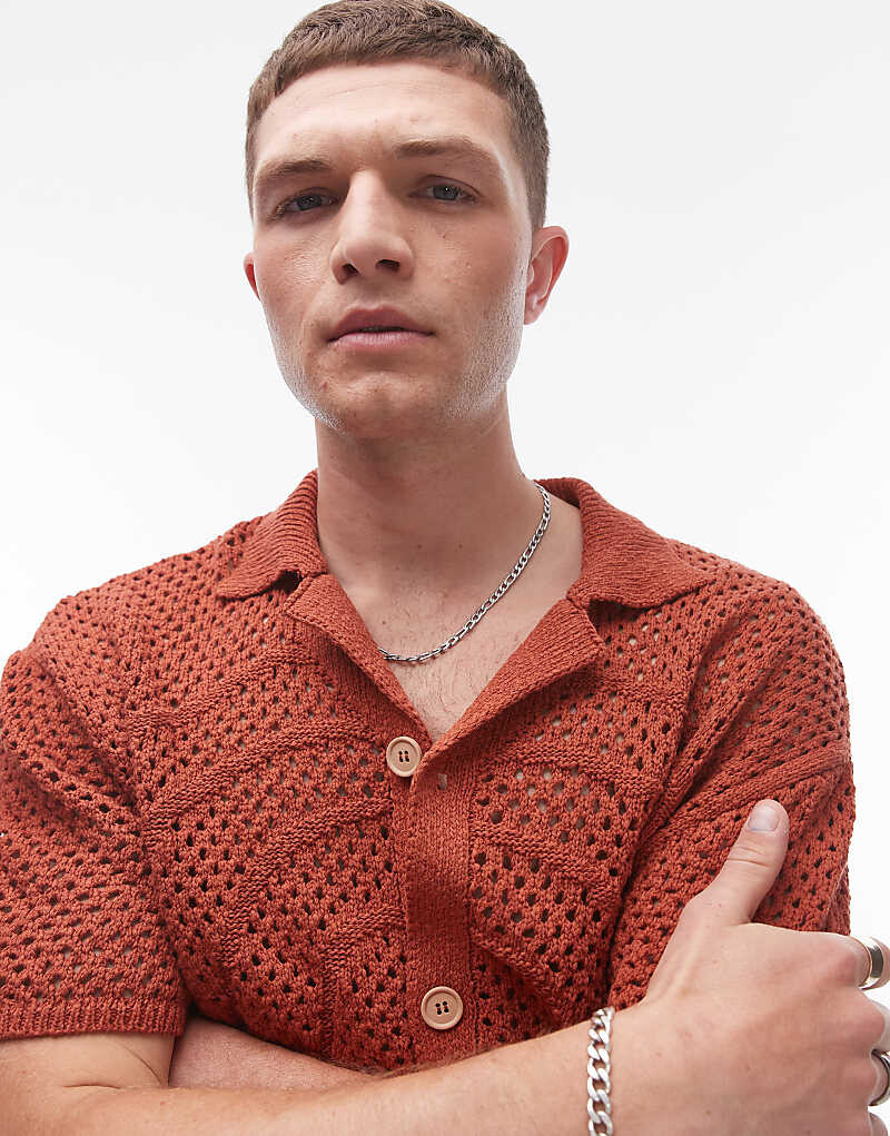 

Рубашка-поло Topman – из ткани крючком ржаво-красного цвета