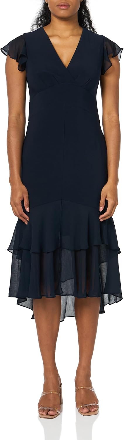 

Женское шифоновое платье Tommy Hilfiger Hi Lo с рукавами-крылышками, V-образным вырезом и оборками, Sky Captain