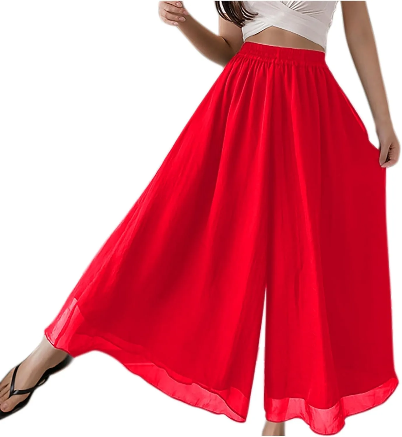Широкие брюки Casual High Waisted Plus Size элегантные палаццо из шифона с эластичным поясом красные