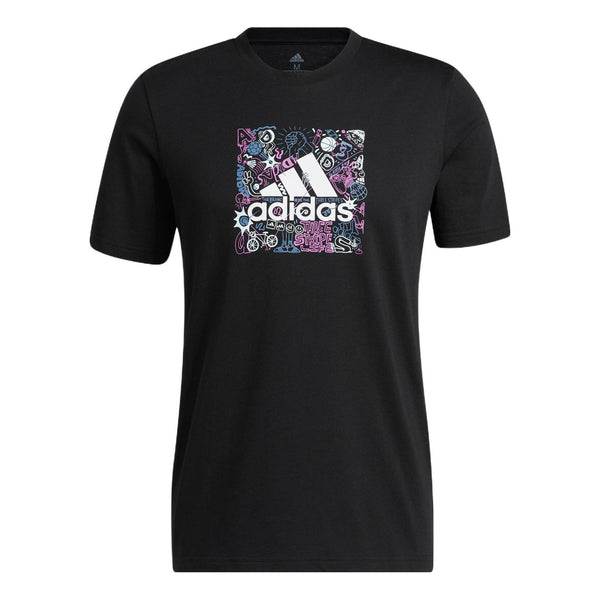 

Футболка Men's adidas Cartoon Graffiti Alphabet Logo Pattern Printing Round Neck Short Sleeve Black T-Shirt, черный