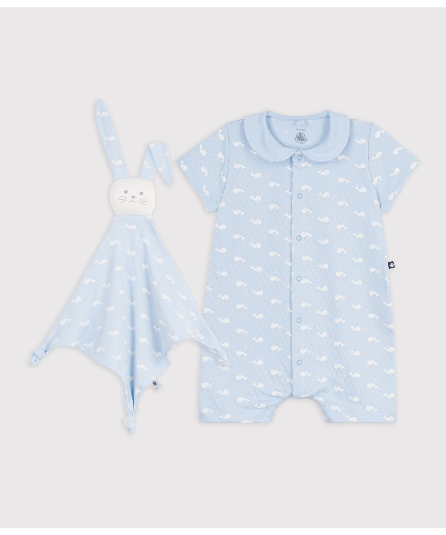Комбинезон с китовым принтом и комплект Doudou (в упаковке) PETIT BATEAU, Light Blue/Off White