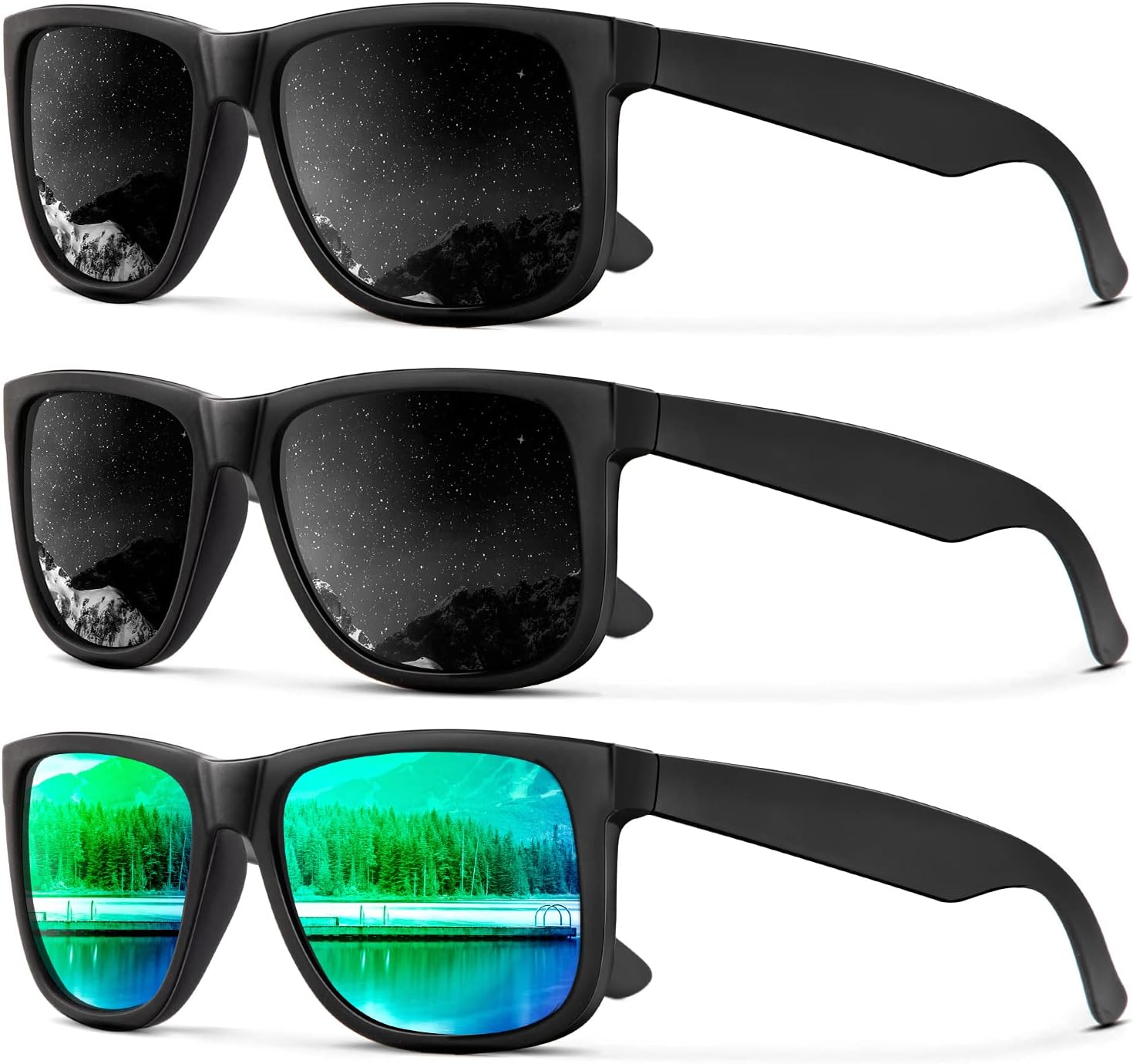 

Солнцезащитные очки KALIYADI для мужчин и женщин, поляризованные, классическая матовая черная оправа, защита от УФ-излучения, комплект из 3 штук, (3 Pack) Black/Black/Green