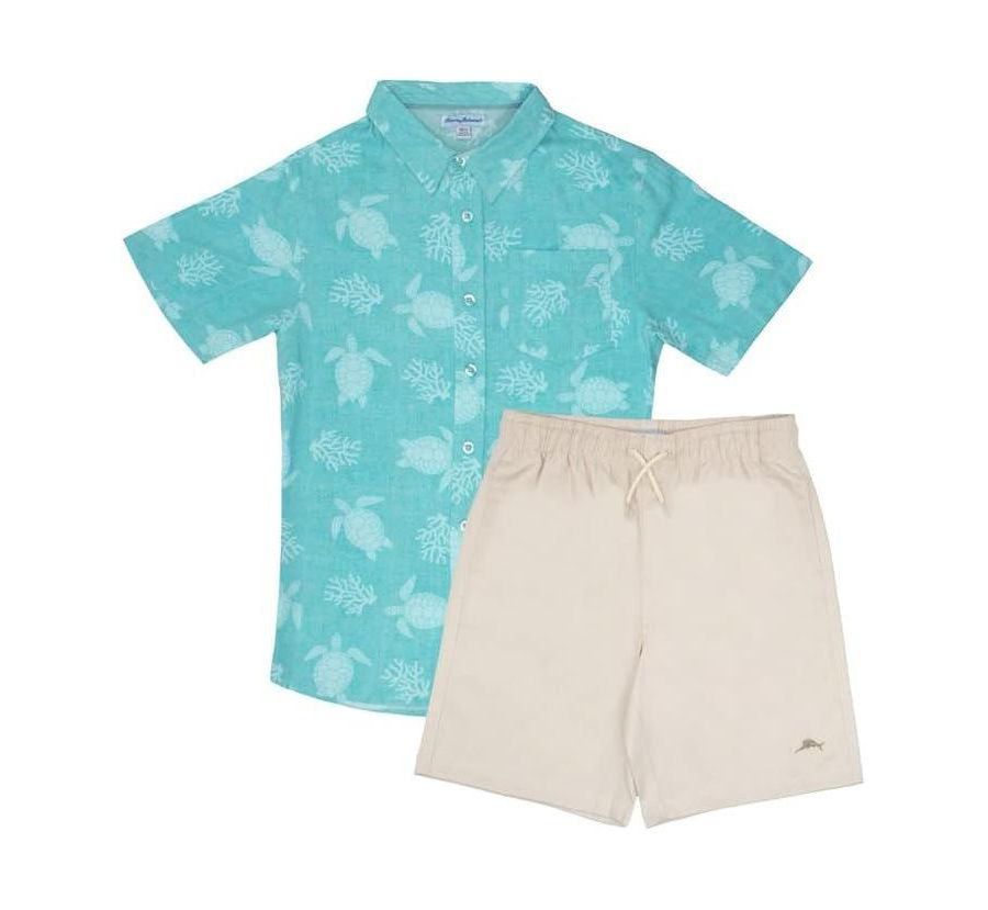 

Детский летний комплект из двух предметов: рубашка на пуговицах и шорты Tommy Bahama, Aqua/beige
