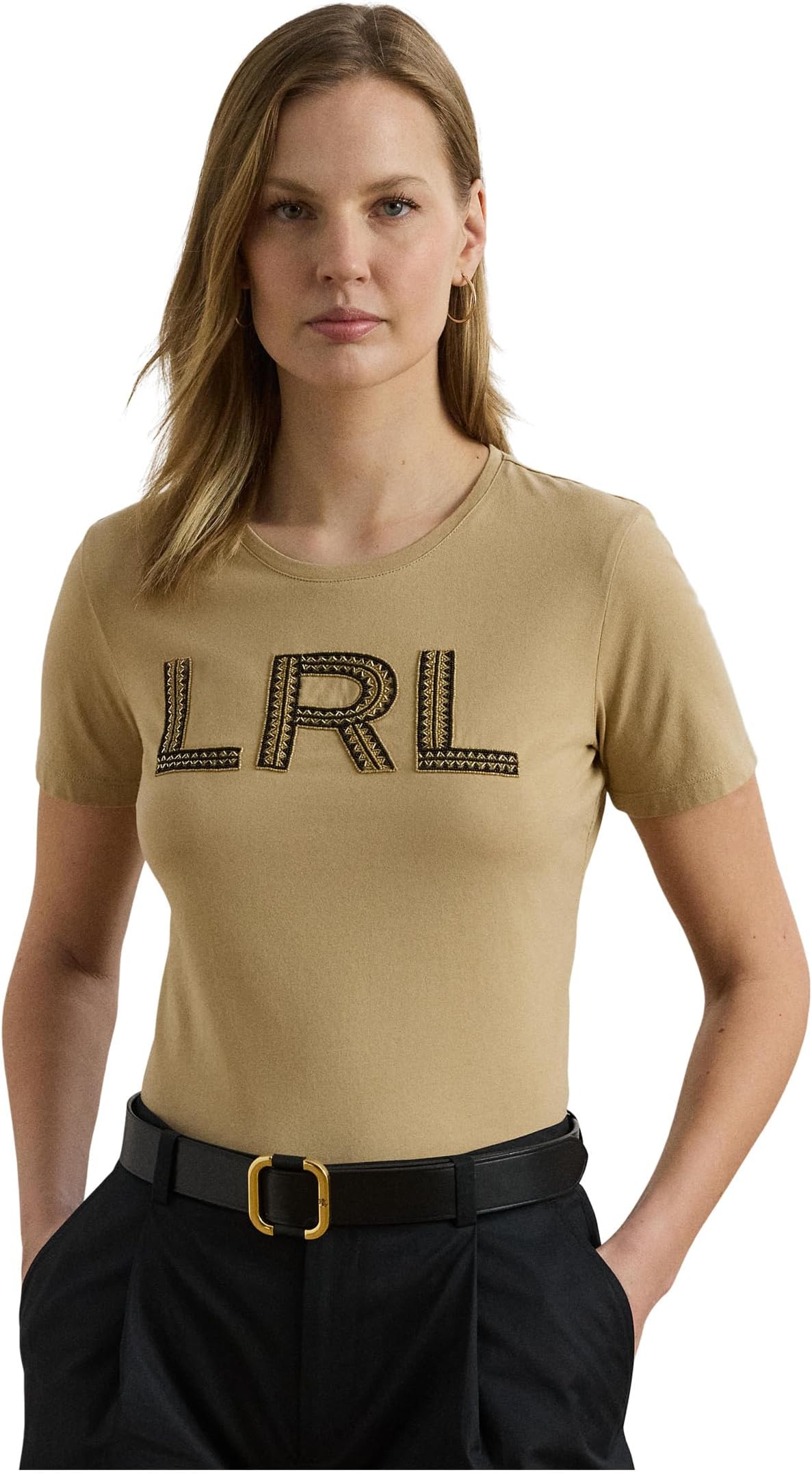 

Футболка Lauren Ralph Lauren Petite Beaded-logo Cotton Jersey Tee, цвет Birch Tan