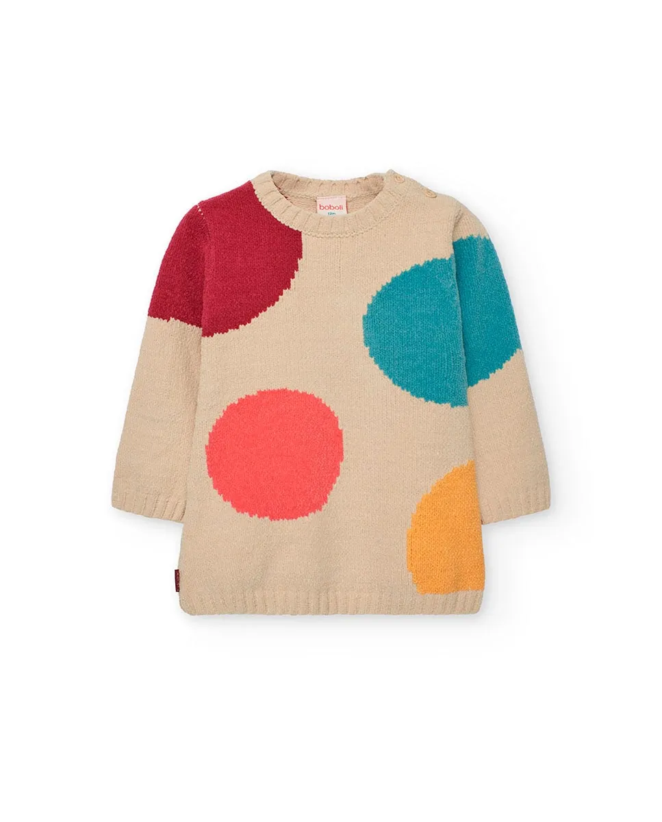 

Вязаное платье для девочки в горошек с круглым вырезом Boboli, бежевый