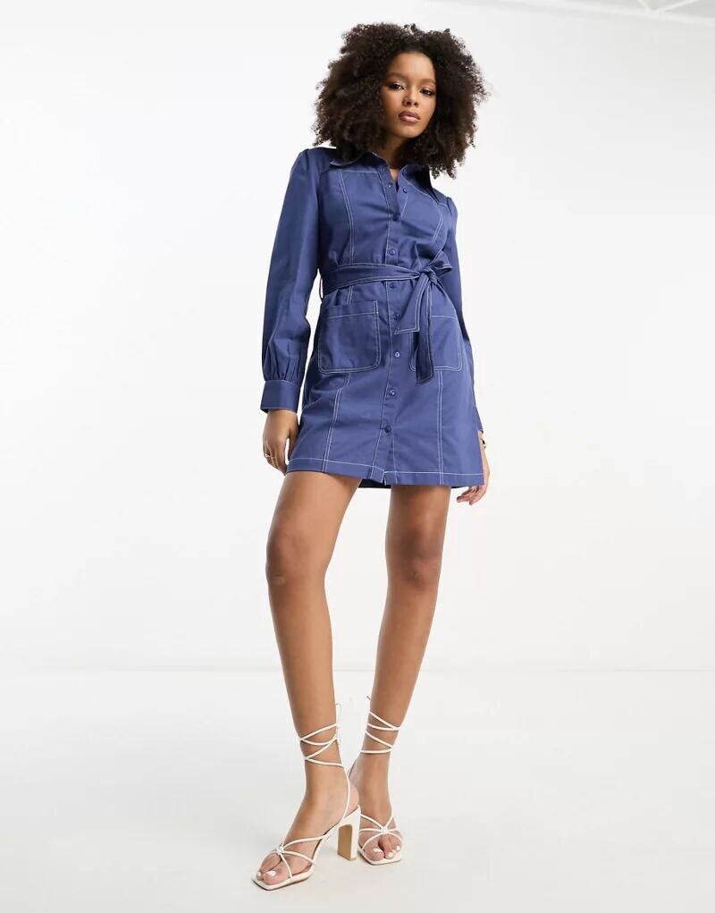 

Синее платье-рубашка из твила ASOS с контрастной строчкой и поясом