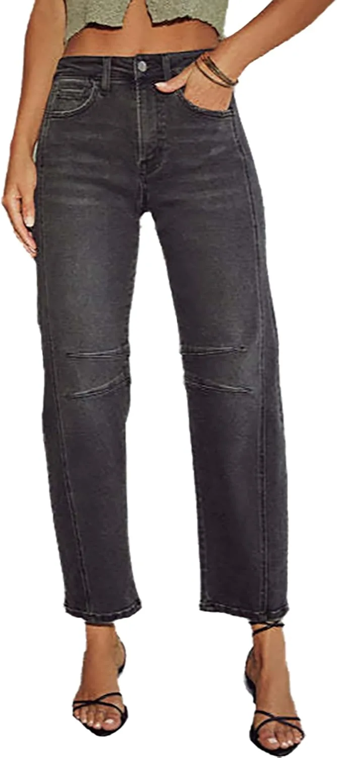 

Брюки джинсы Barrel для женщин, Mid Rise, Stretchy, Loose Fit, Washed, Distressed, Straight Leg TACSTRUN