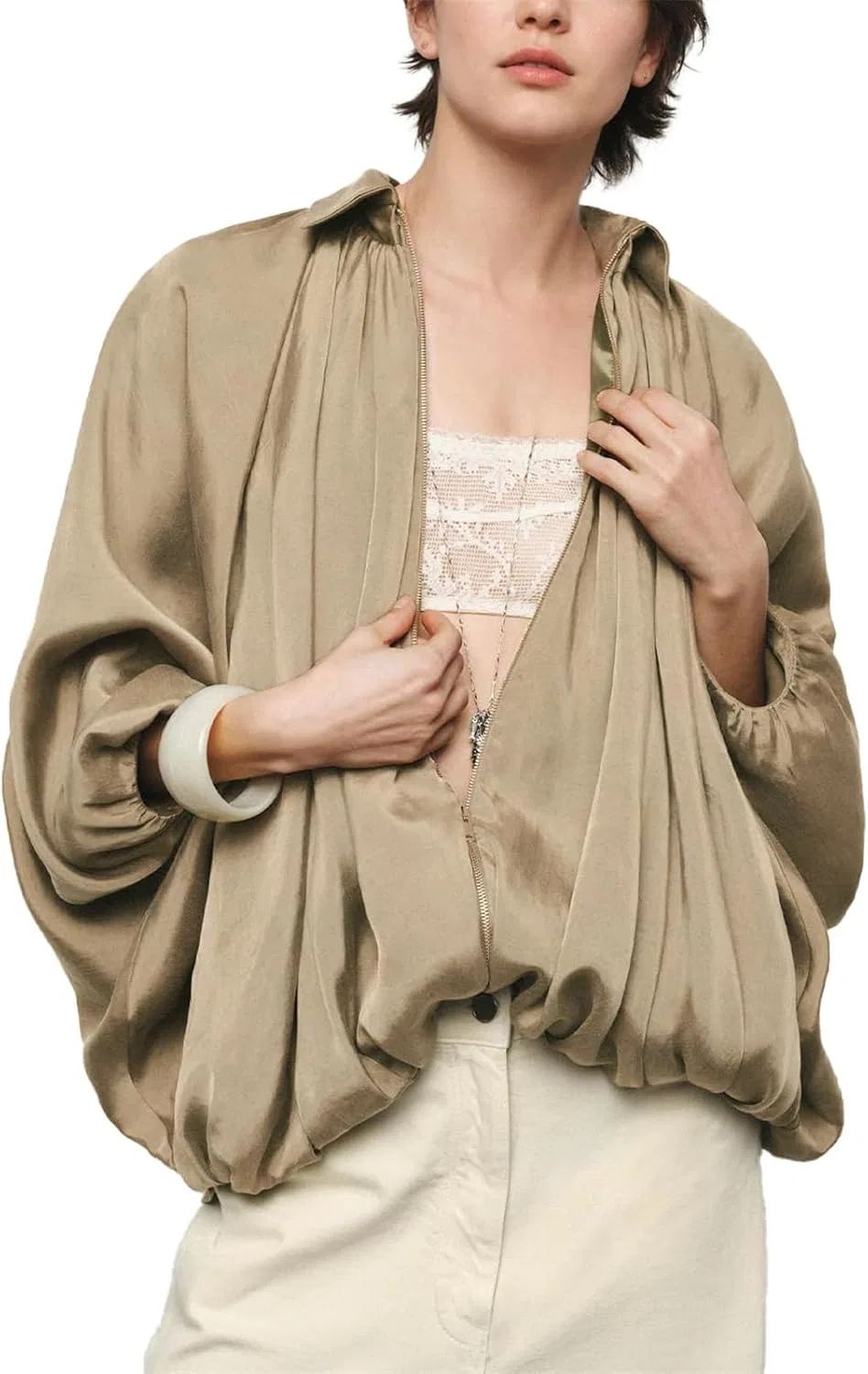 Куртка-бомбер женская с летучей мышью, Polyester, Khaki — фото 2
