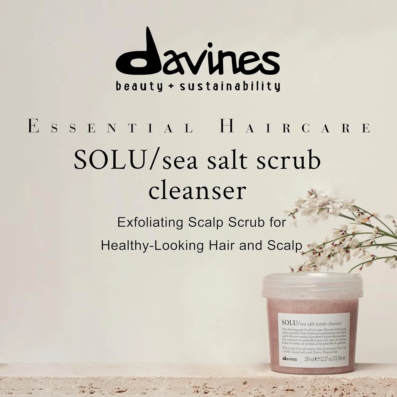 Davines SOLU Sea Salt Scrub Cleanser, мягко удаляет остатки и загрязнения с кожи головы для нормальных и уложенных волос - легкие, мягкие волосы дольше остаются чистыми с морской солью, 250 мл — фото 2