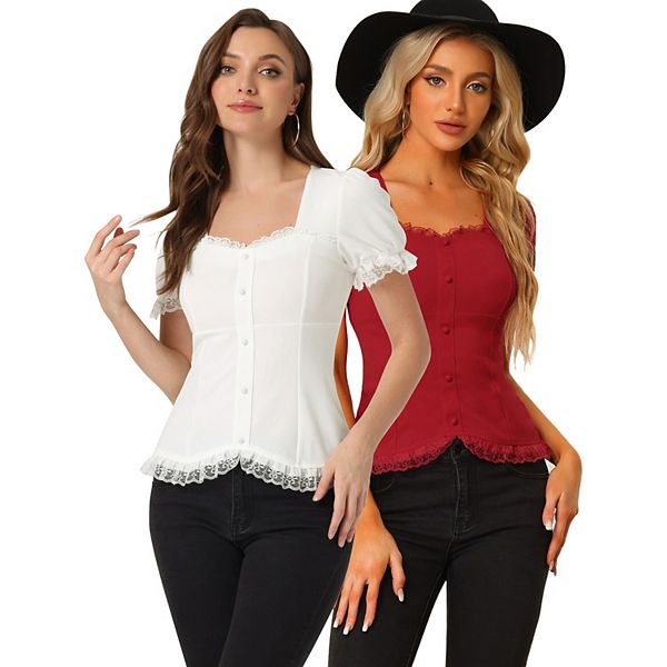 

Викторианская блуза для женщин с декольте sweetheart, коротким рукавом и шнуровкой Inspire Chic, White Burgundy