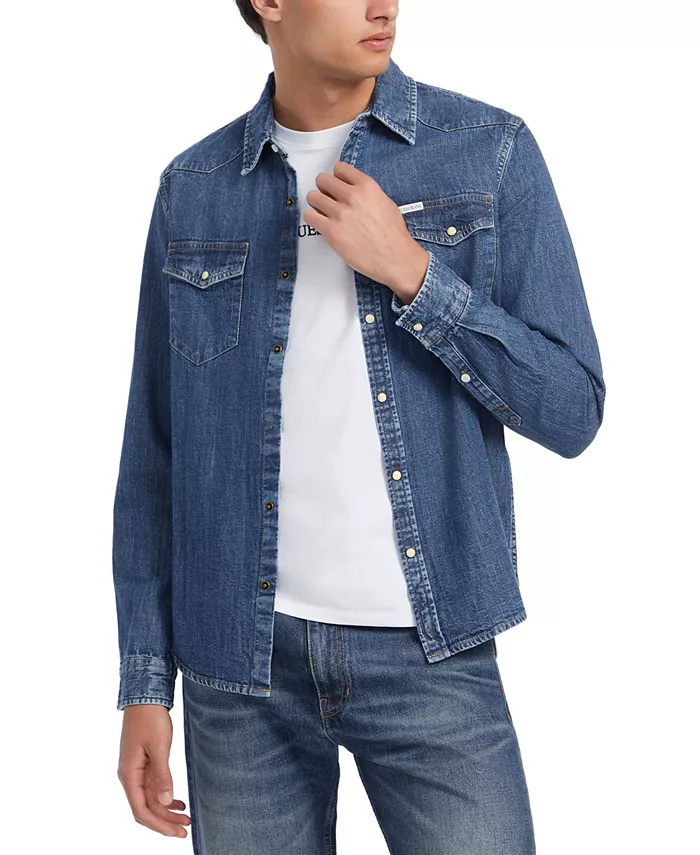 

Мужская облегающая джимовая рубашка на пуговицах однотонного цвета GUESS JEANS, синий