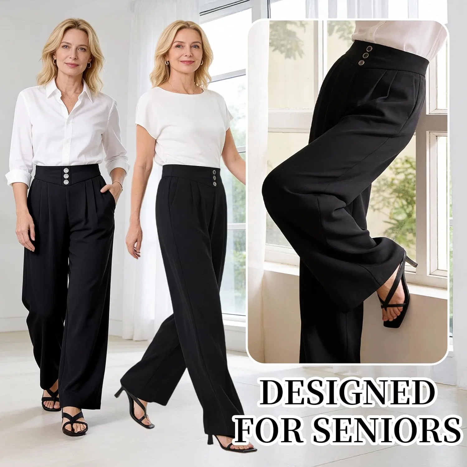 Брюки для женщин Soft Drape, свободные широкие, нарядные-повседневные, с высокой посадкой, на резинке, тянущиеся, для работы, для старше 50 Generic, бежевый — фото 4