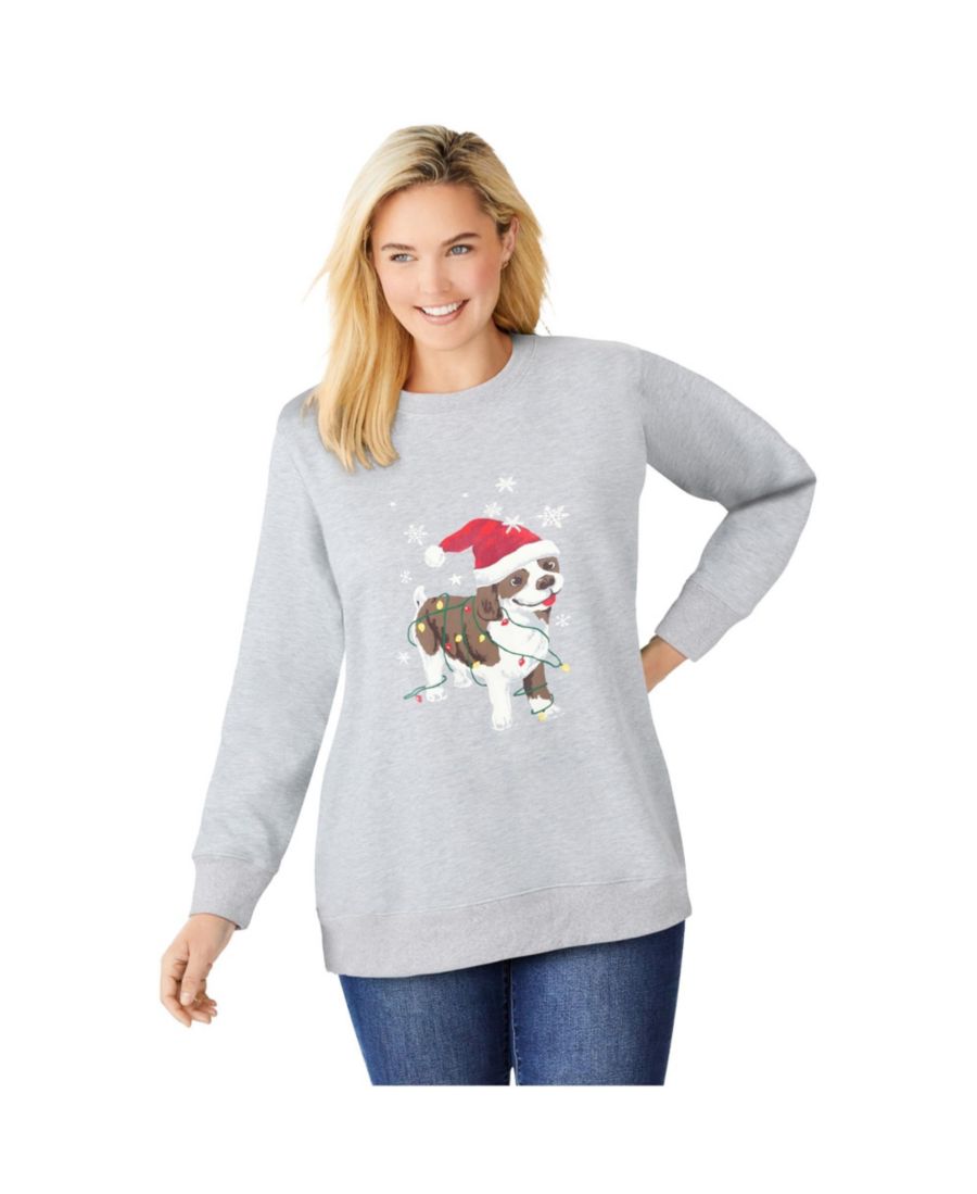 

Флисовая праздничная толстовка больших размеров Woman Within, Heather grey santa dog