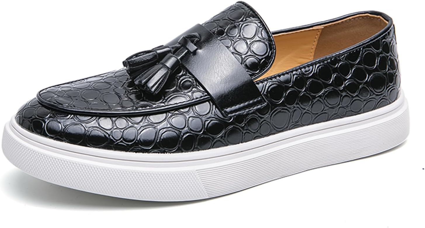 

Мужские лоферы на платформе с узором, кожаные, без шнурков, с кисточками, удобные, с круглым носком, низкие, нескользящие, повседневные, с плоской подошвой, для свиданий, бизнеса и вечеринок Abborora, черный