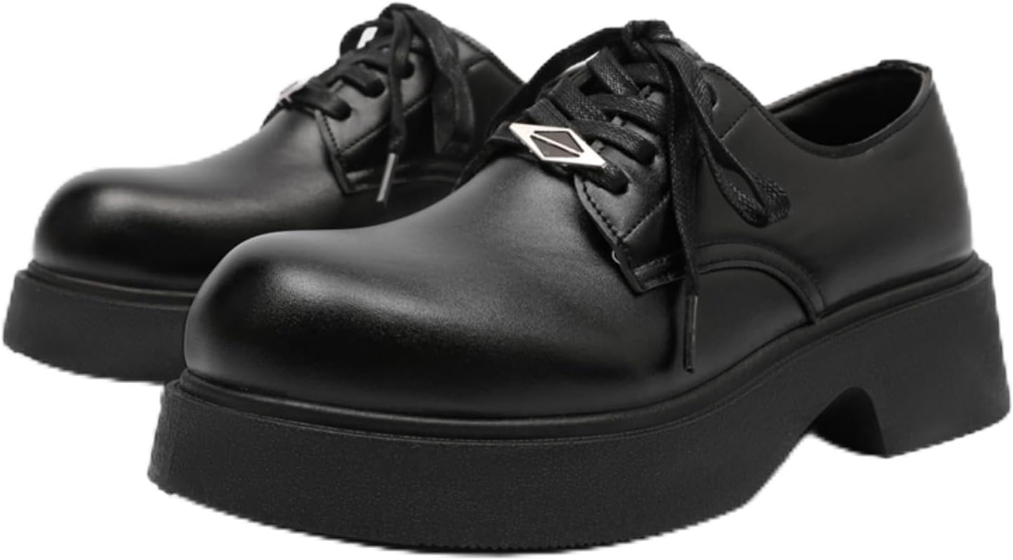 

Мужские кожаные массивные оксфорды на платформе - ретро с круглым носком, противоскользящей танкеткой, классические на шнуровке для делового, рабочего и свадебного формального стиля Aokisx, черный