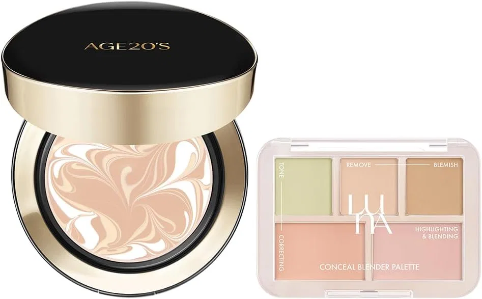 Набор для макияжа LUNA Long Lasting Conceal Palette No. 1 Clear Cover + AGE20'S Signature Intense Cover 71% Essence Cushion Foundation #13 Ivory SPF50+ 14 г