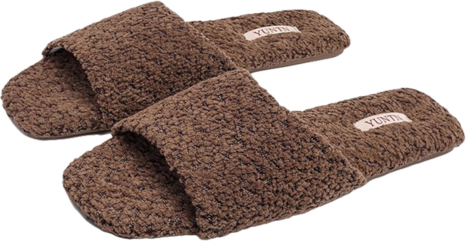 

Тапочки Yafirgeer Furry Teddy Fleece для женщин и мужчин, класса люкс, открытый носок, элегантные теплые домашние туфли для дома и улицы, Coffee