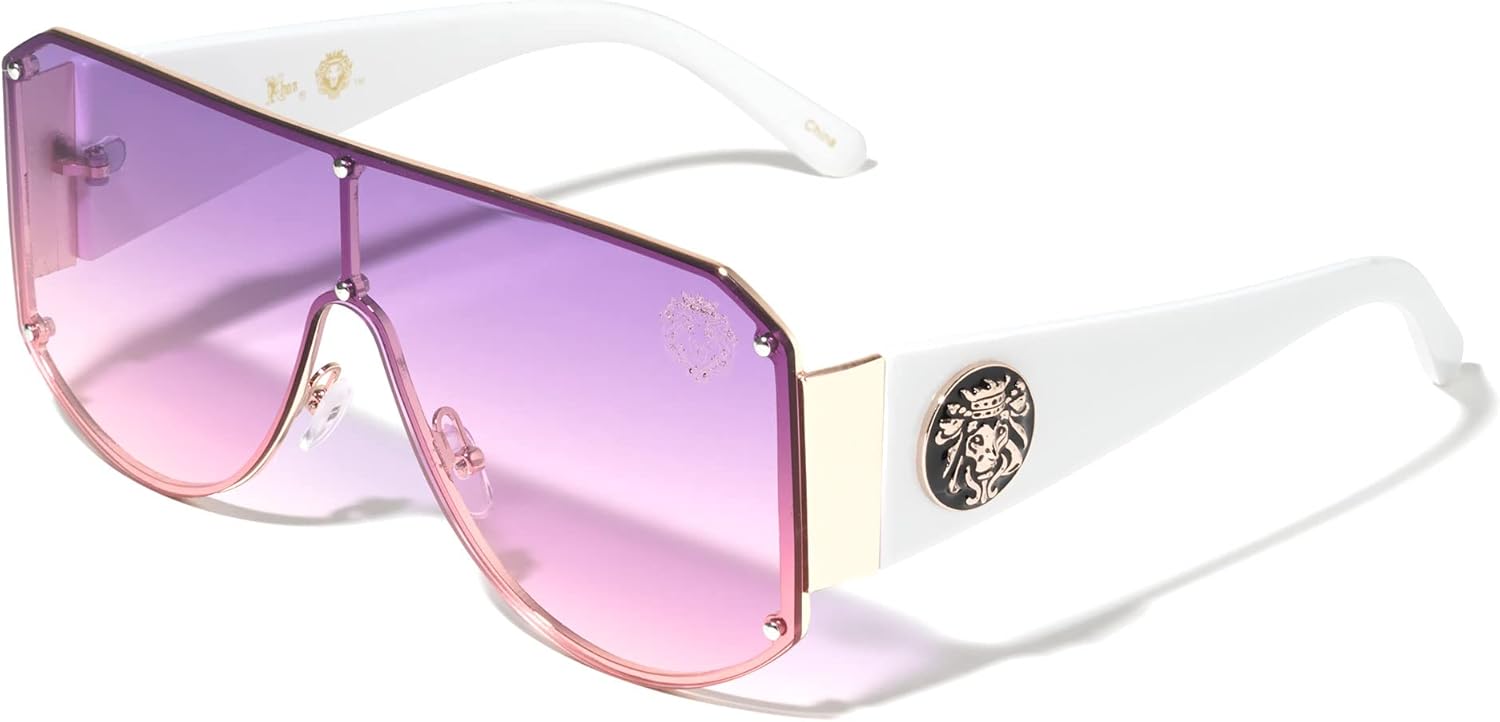 

Kleo Relic - Безободковые солнцезащитные очки в стиле хип-хоп с плоской верхней частью, заклепками, боковыми панелями в виде щита и медальоном в виде головы льва, Purple White