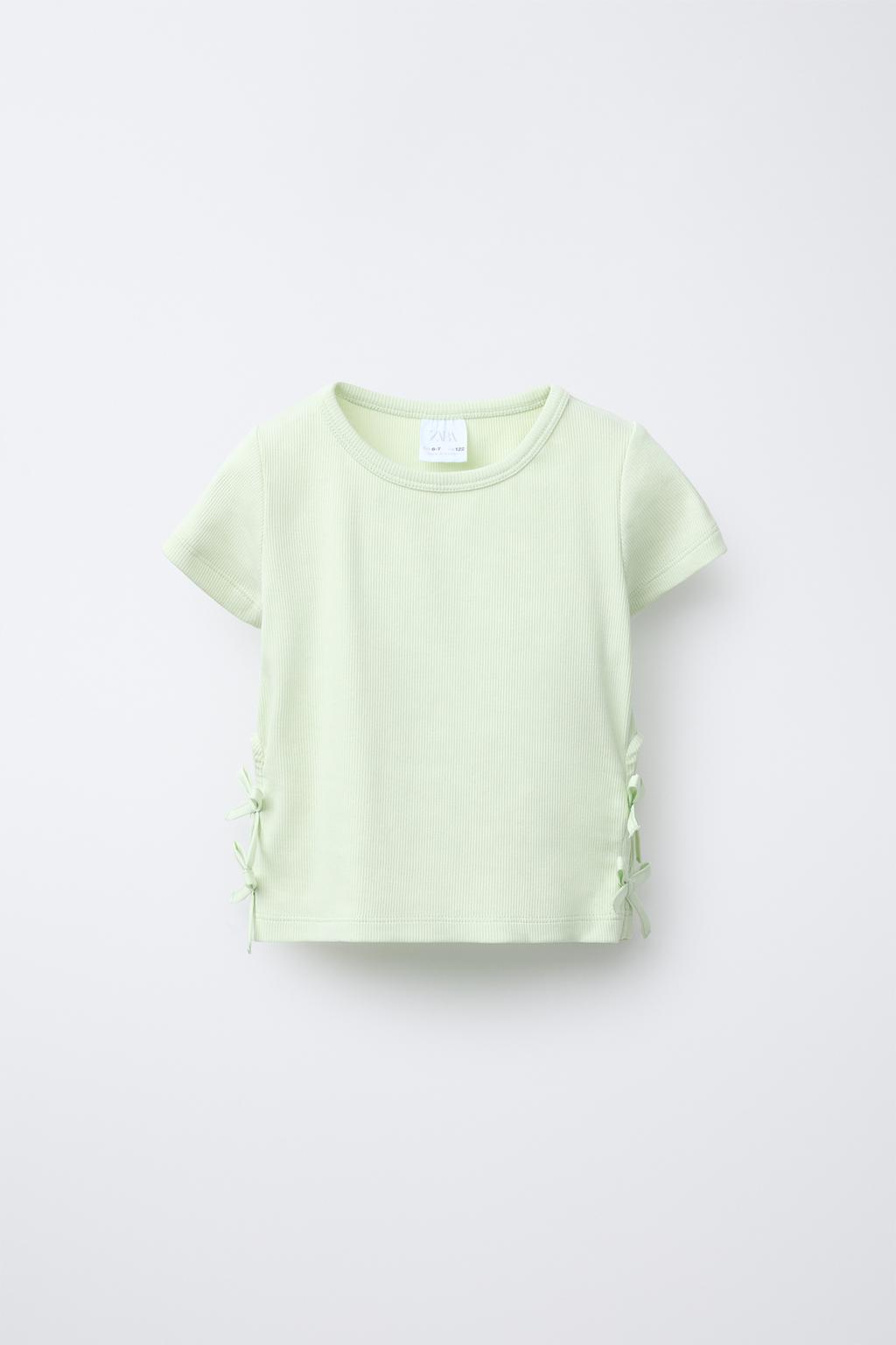 

Футболка с вырезом в рубчик и бантиками ZARA, цвет Lime
