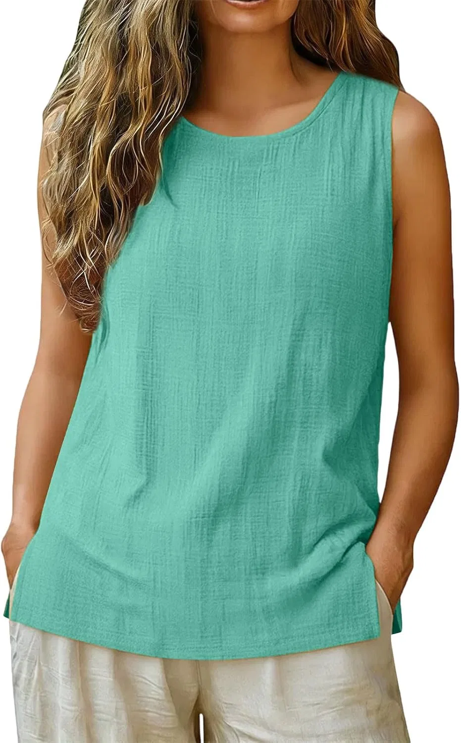 Женский топ без рукавов из хлопка и льна, Mint Green — фото 2