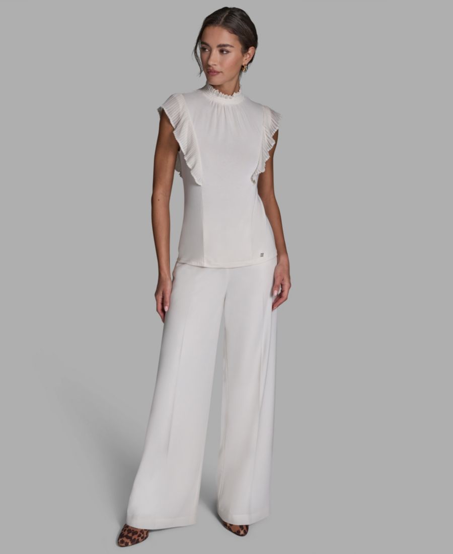 

Женская плиссированная блузка с воротником-стойкой и рукавами-воланами BCBG, Whisper White