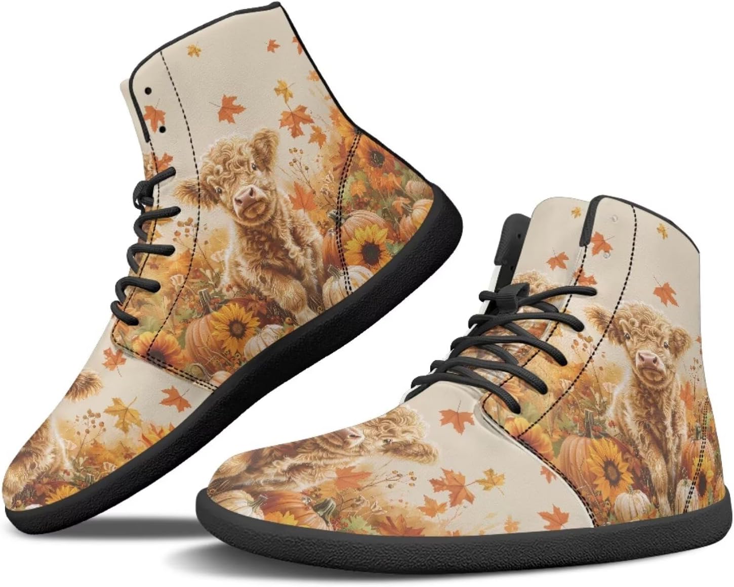 

Кроссовки Binienty Wide Минималистичные Босоногообразные Мужские и Женские Осенне-Зимние Ботинки Высокие Верхи из ПУ Кожи Обувь с Нулевым Падением, Maple Leaf Pumpkin Highland Cow