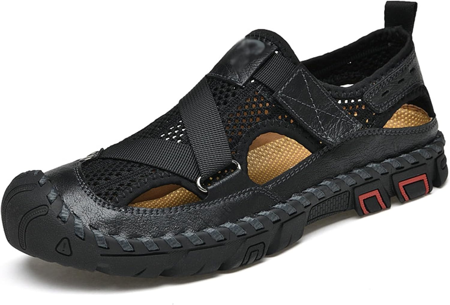 

Мужские сандалии XNGSNZIJ с закрытым носком, летние дышащие, комфортные кожаные сетчатые сандалии для пляжа с закрытым носком, водонепроницаемые, размер US-8.5, черный