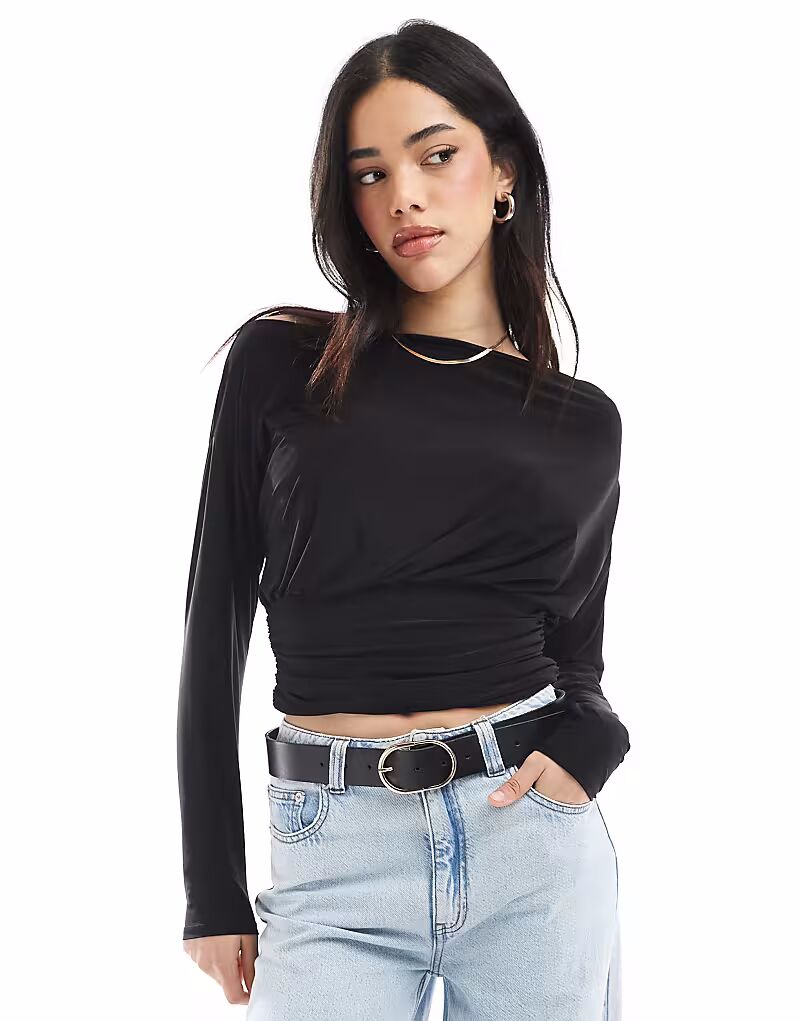 

Топ ASOS DESIGN с открытыми плечами, длинными рукавами и поясом-утяжкой, черный