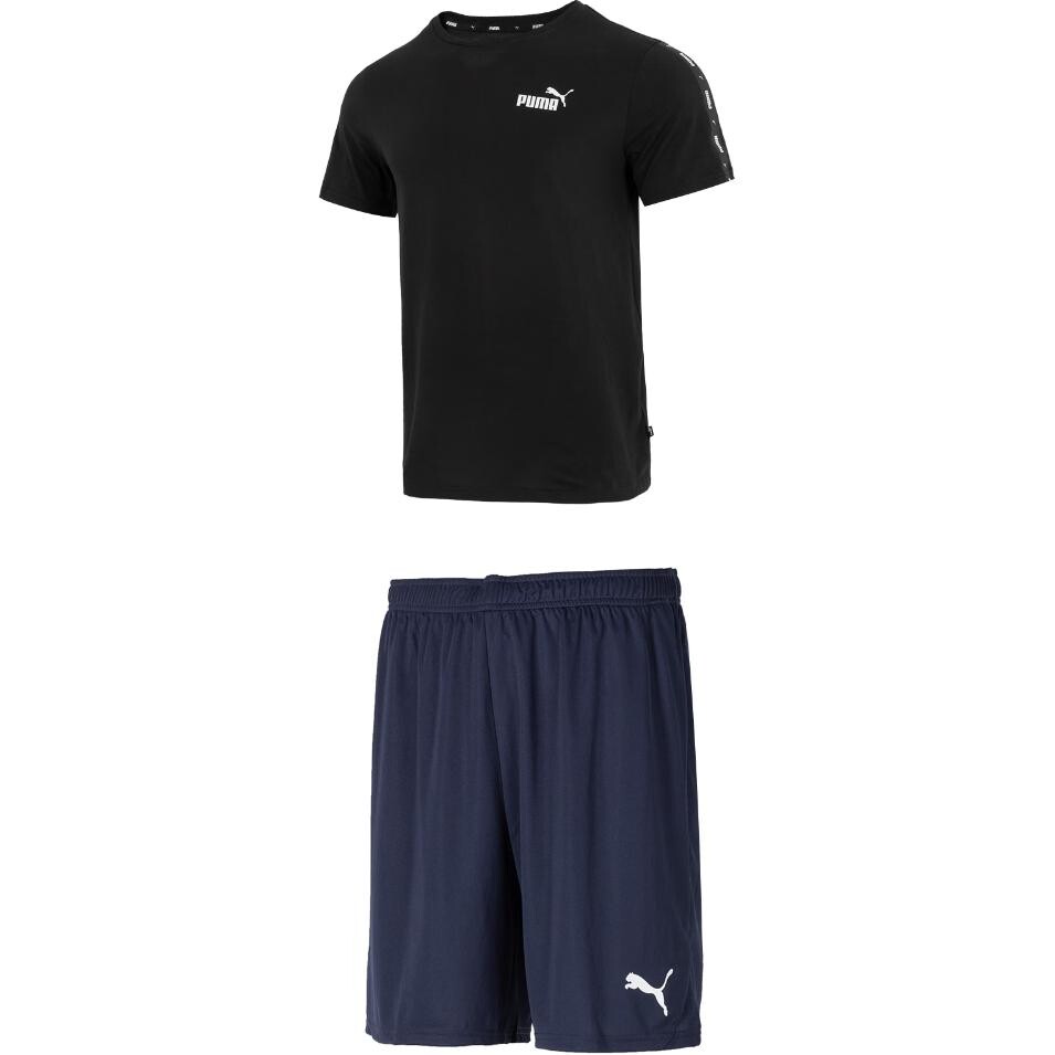 

Повседневный спортивный мужской комплект: черный топ и темно-синие шорты Puma, черный
