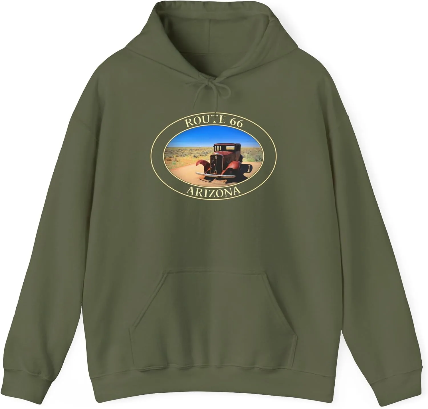 Толстовка Route 66 Arizona с изображением старинного автомобиля - GentleSeas Cozy Pullover Sweatshirt - Мягкая теплая флисовая толстовка для любителей путешествий GENERIC, зеленый