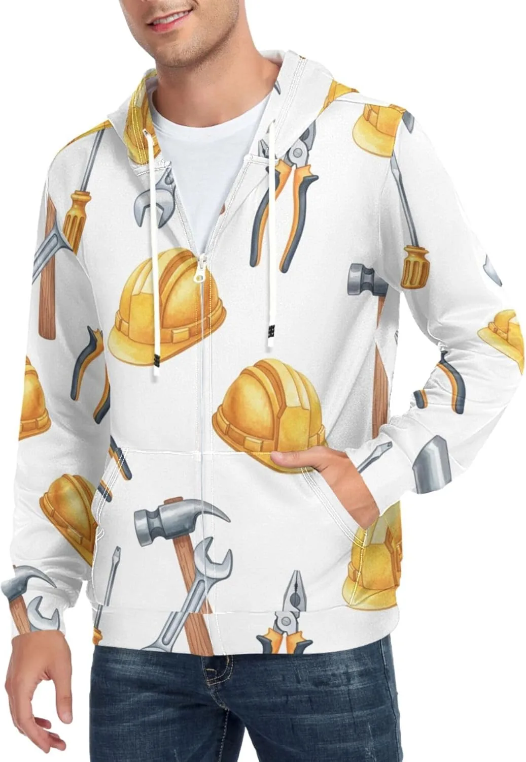 

Мужская толстовка с капюшоном на молнии, принт Construction Tools, с карманом CUPADA