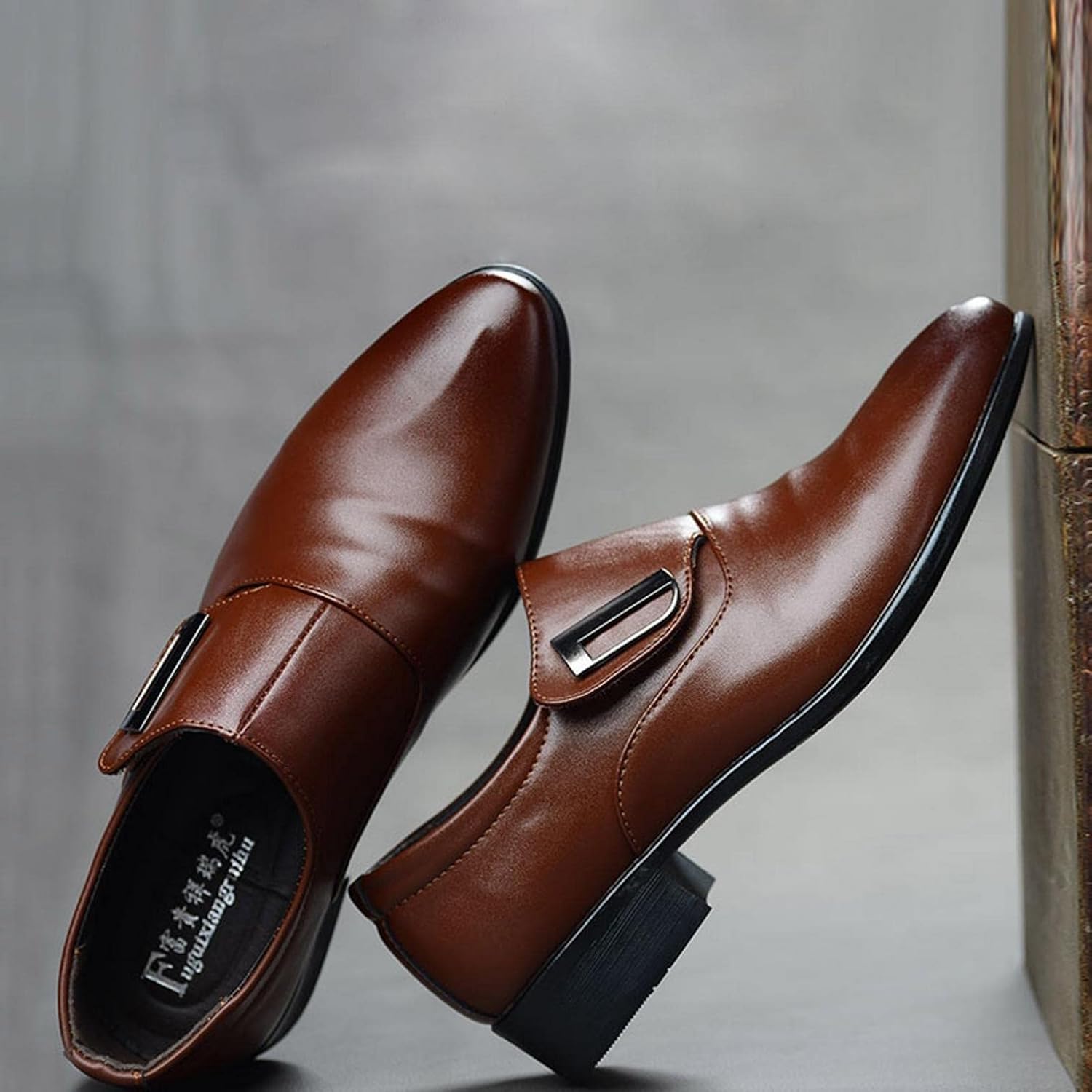 Мужские туфли Hbeylia Dressy Oxford, модные повседневные, простой стиль, кожаные, с заостренным носком, ботильоны до щиколотки, на подкладке, с пряжкой, формальные, для офиса, зимние и осенние, с крыльями, для свадеб и работы, коричневый — фото 2