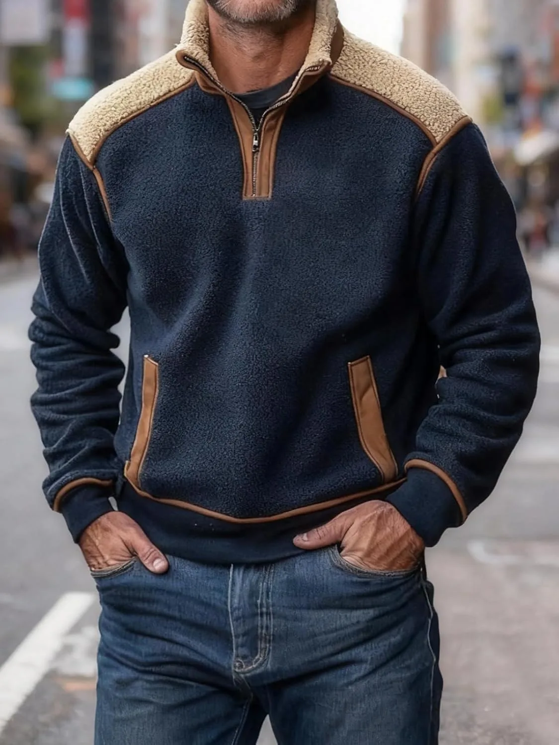 Мужская флисовая толстовка с молнией на четверть, navy blue и brown, воротник с подкладкой sherpa — фото 3