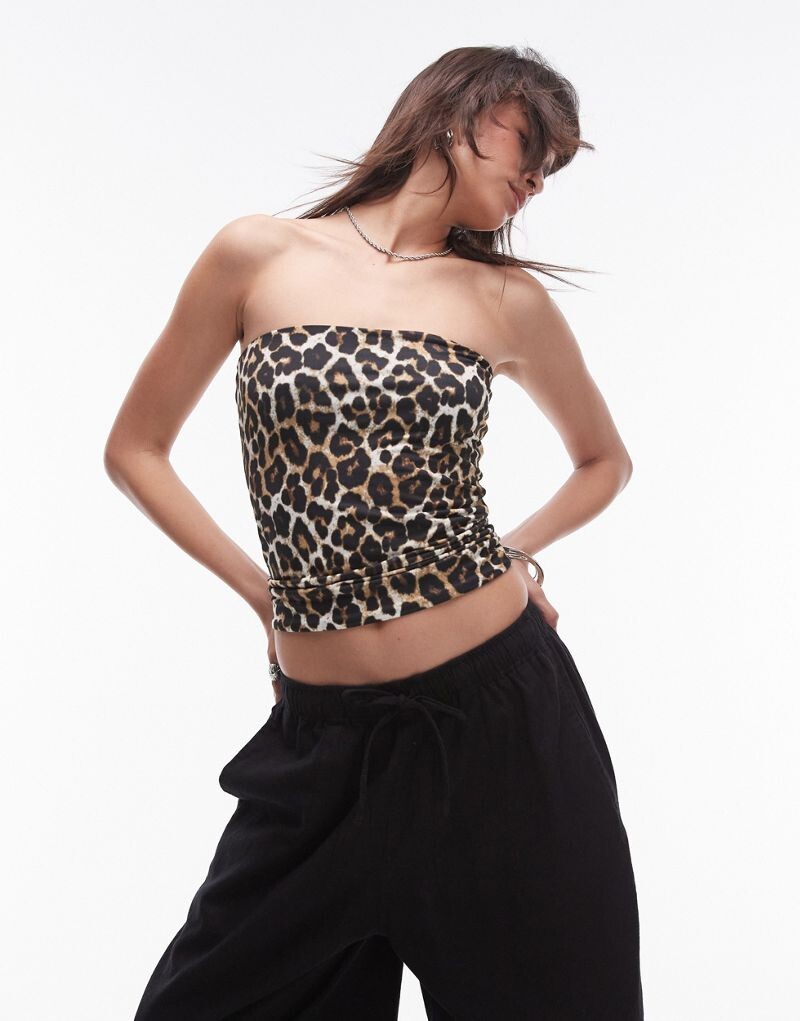 

Коричневый топ-бандо с леопардовым принтом Topshop