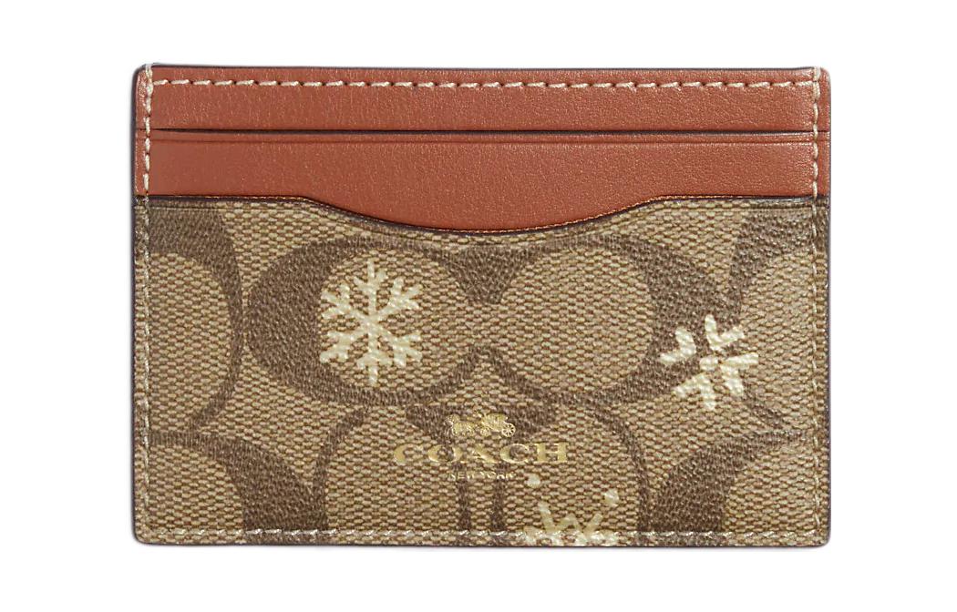 

COACH Чехол для карт из лакированного холста с гладкой кожаной сумкой для документов и мини-держателем для карт женский цвет хаки и коричневый