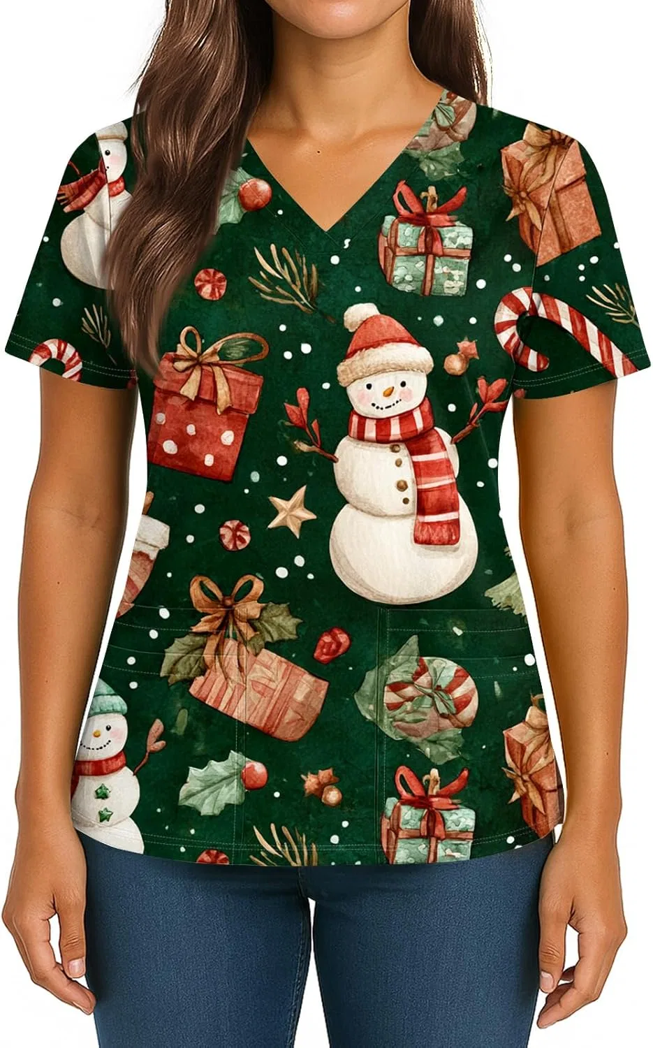 Медицинский топ с V-образным вырезом, Christmas Printed, 1-dark Green — фото 3