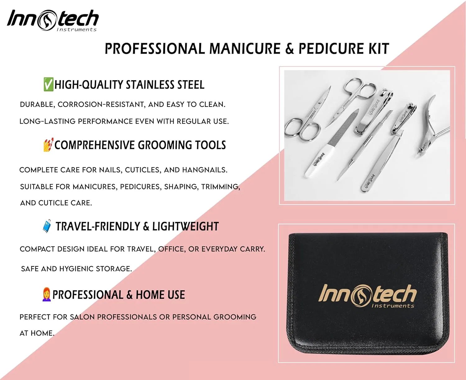 Набор для маникюра и педикюра 8 в 1 из нержавеющей стали ‎Innotech Instruments, Black 8 Pcs — фото 4